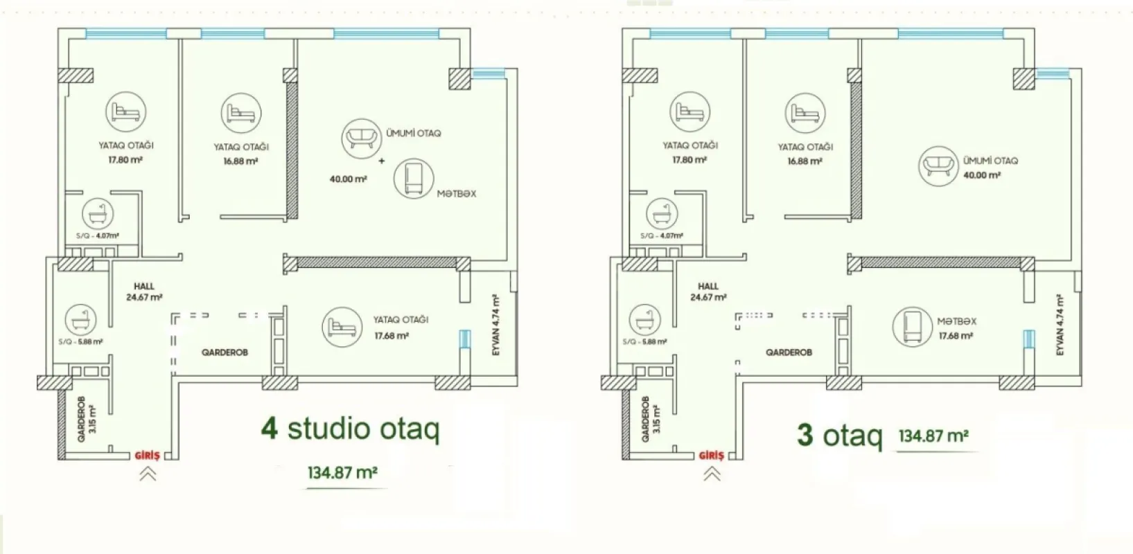 Satılır 4 otaqlı mənzil 134 m²