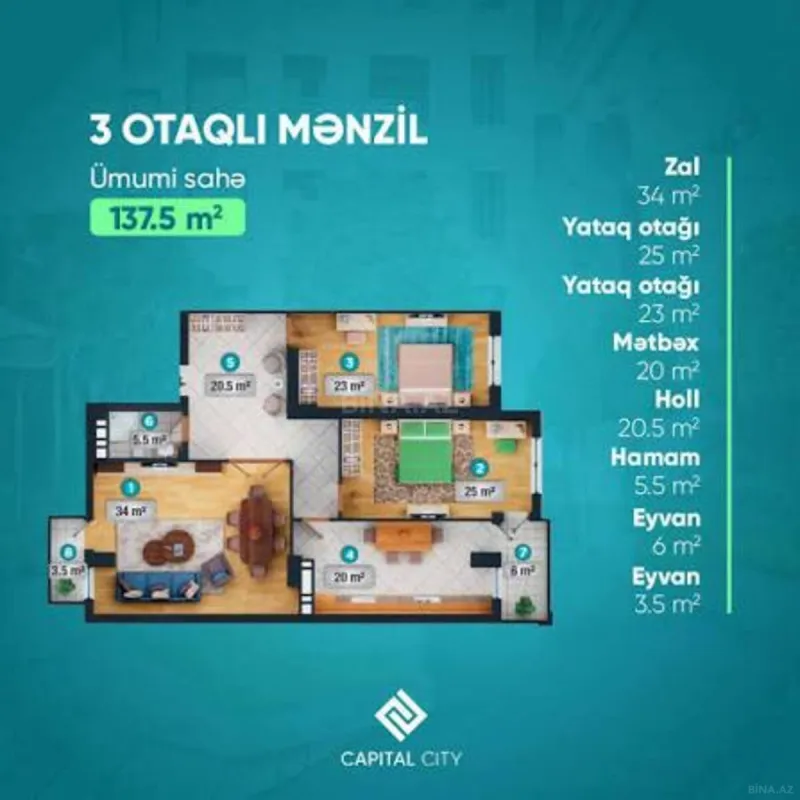 Satılır 3 otaqlı mənzil 137 m²