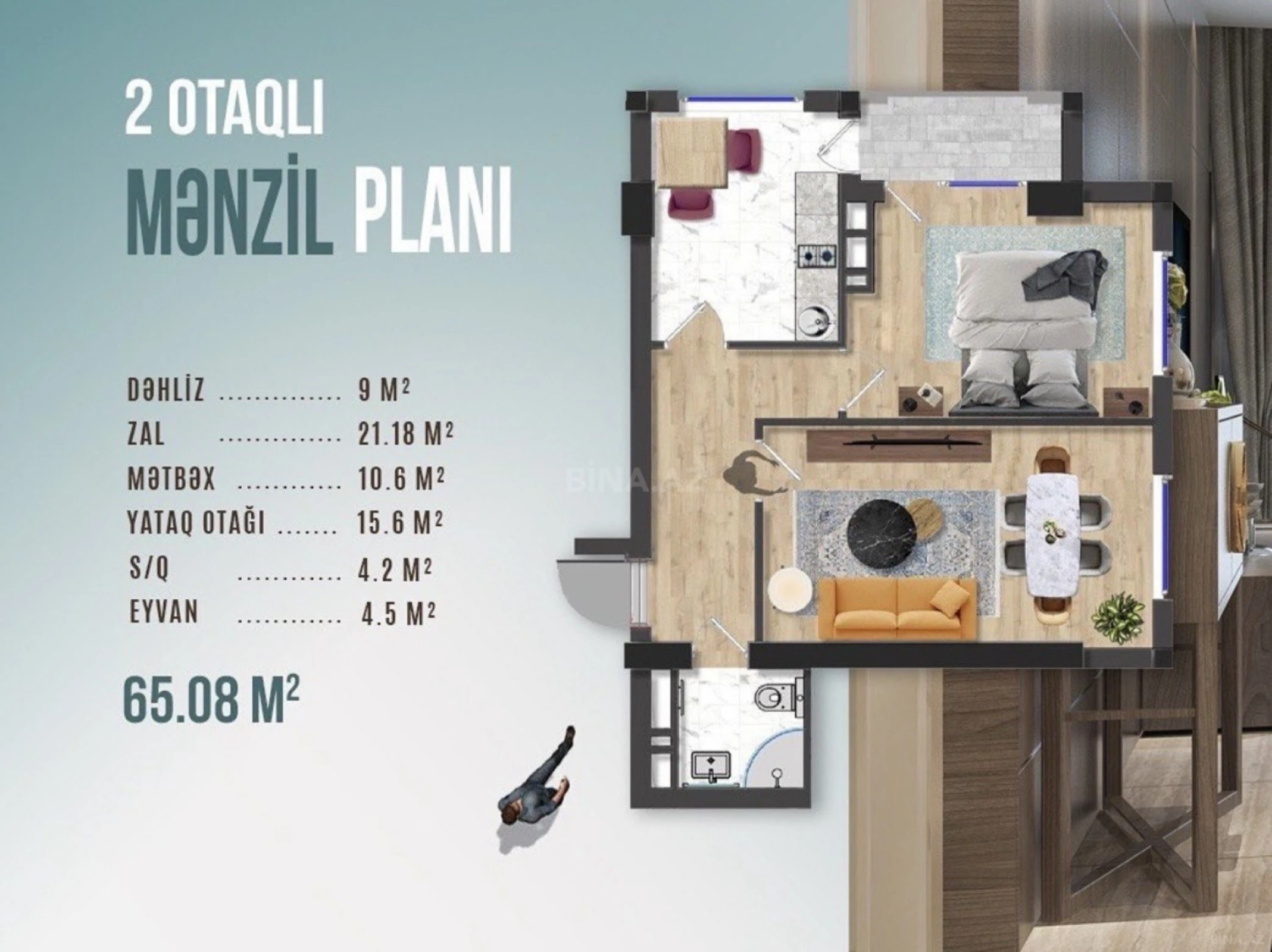 Satılır 2 otaqlı mənzil 65.8 m²