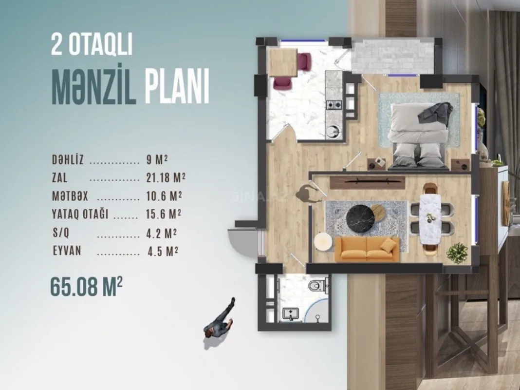 Satılır 2 otaqlı mənzil 65.8 m²