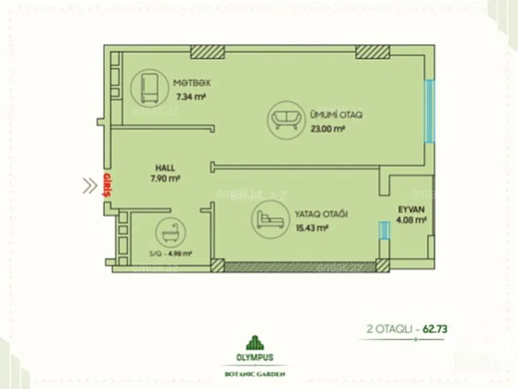 Satılır 2 otaqlı mənzil 62.7 m²