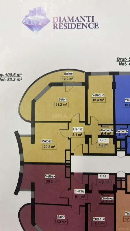 Satılır 2 otaqlı mənzil 101 m²