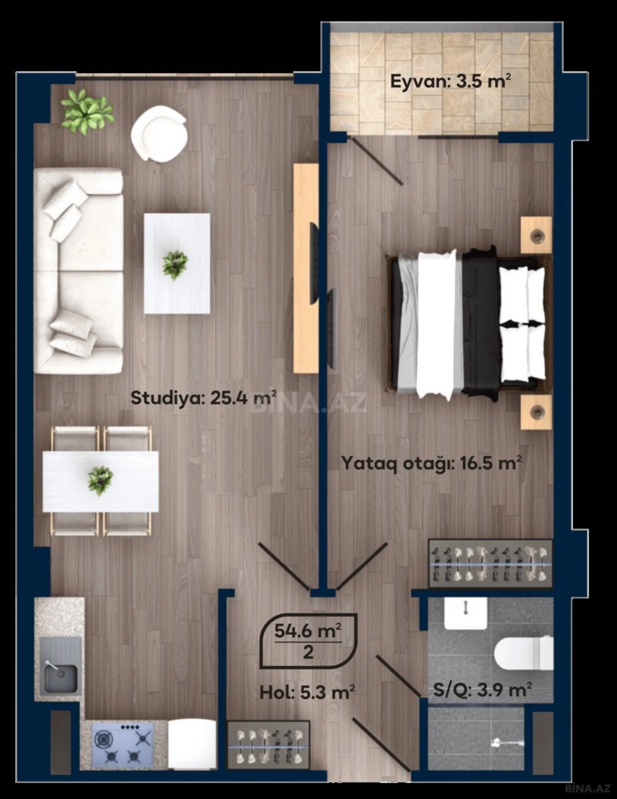 Satılır 2 otaqlı mənzil 54.6 m²