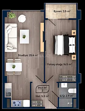 Satılır 2 otaqlı mənzil 54.6 m²
