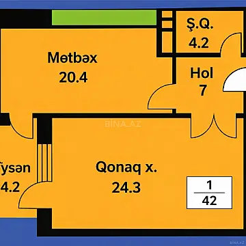 Satılır 1 otaqlı mənzil 62 m²