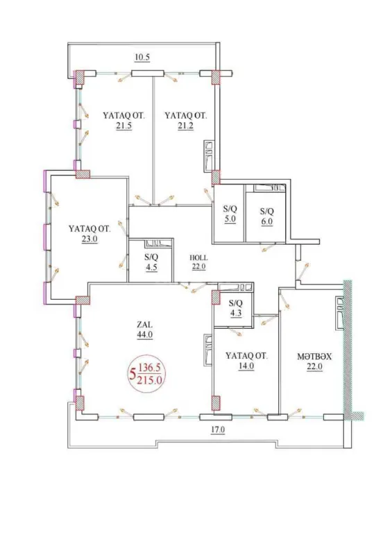 Satılır 5 otaqlı mənzil 215 m²