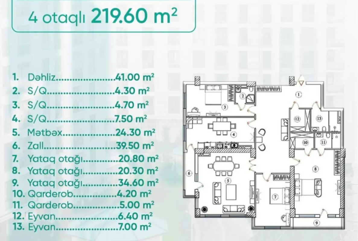 Satılır 4 otaqlı mənzil 220 m²