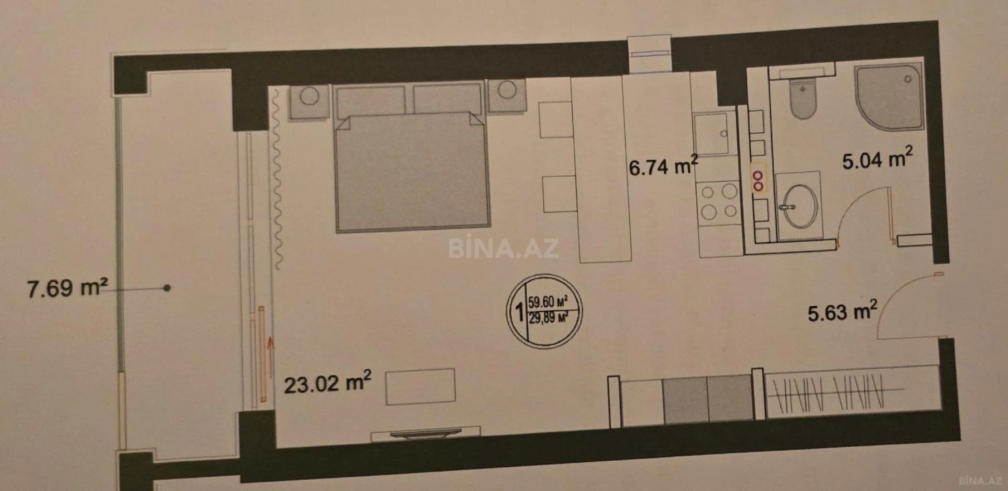 Satılır 1 otaqlı mənzil 60 m²