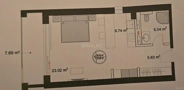 Satılır 1 otaqlı mənzil 60 m²