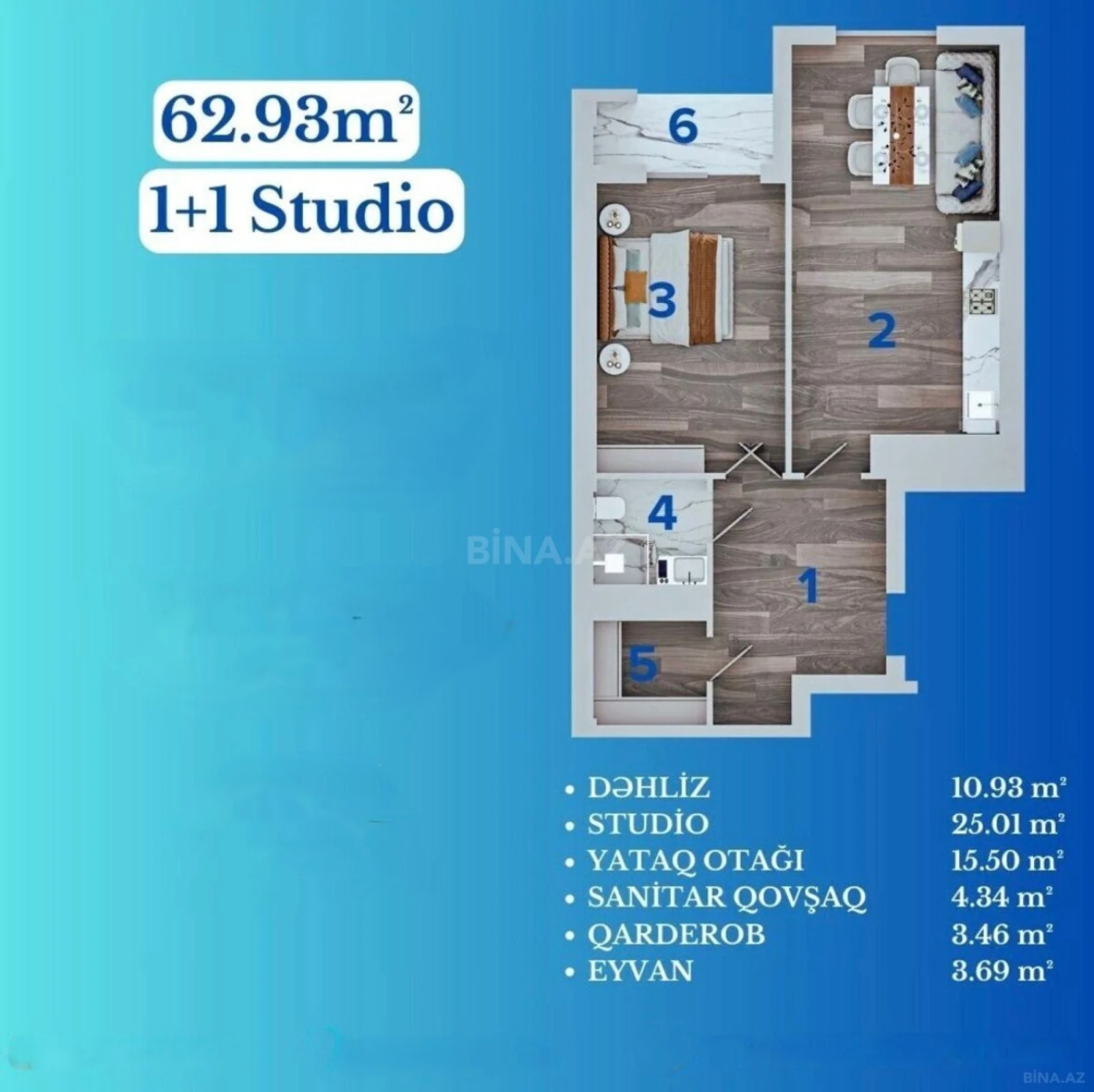 Satılır 2 otaqlı mənzil 62.9 m²