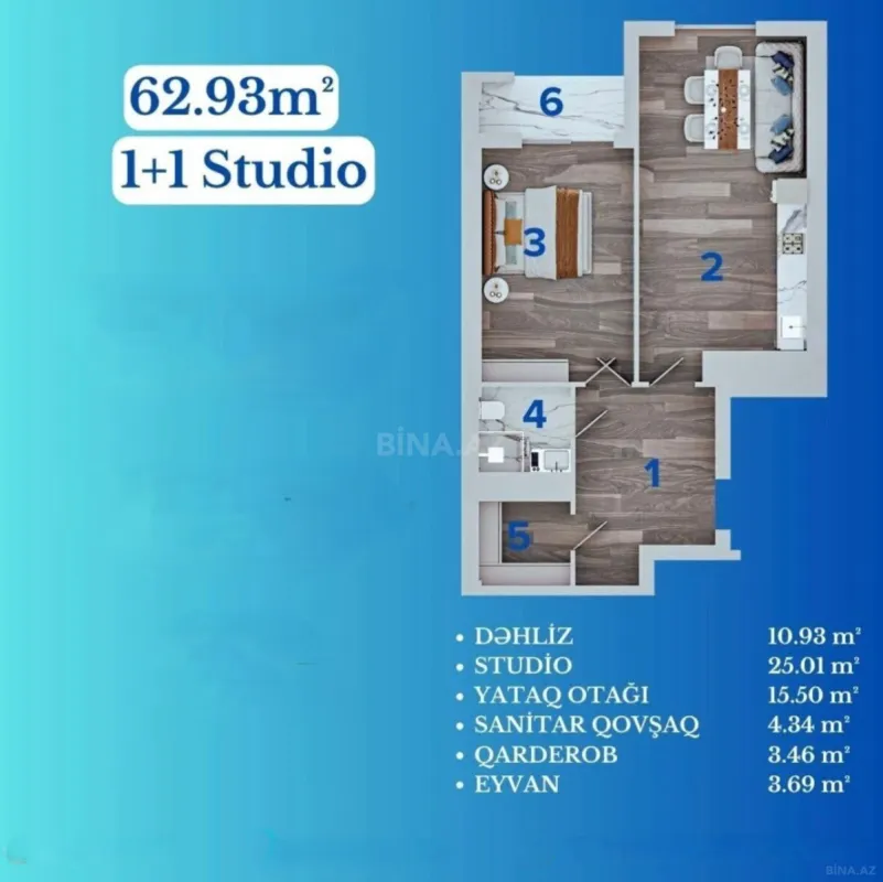 Satılır 2 otaqlı mənzil 62.9 m²