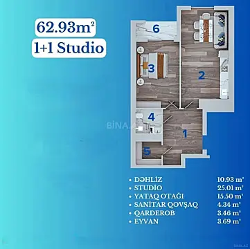 Satılır 2 otaqlı mənzil 62.9 m²