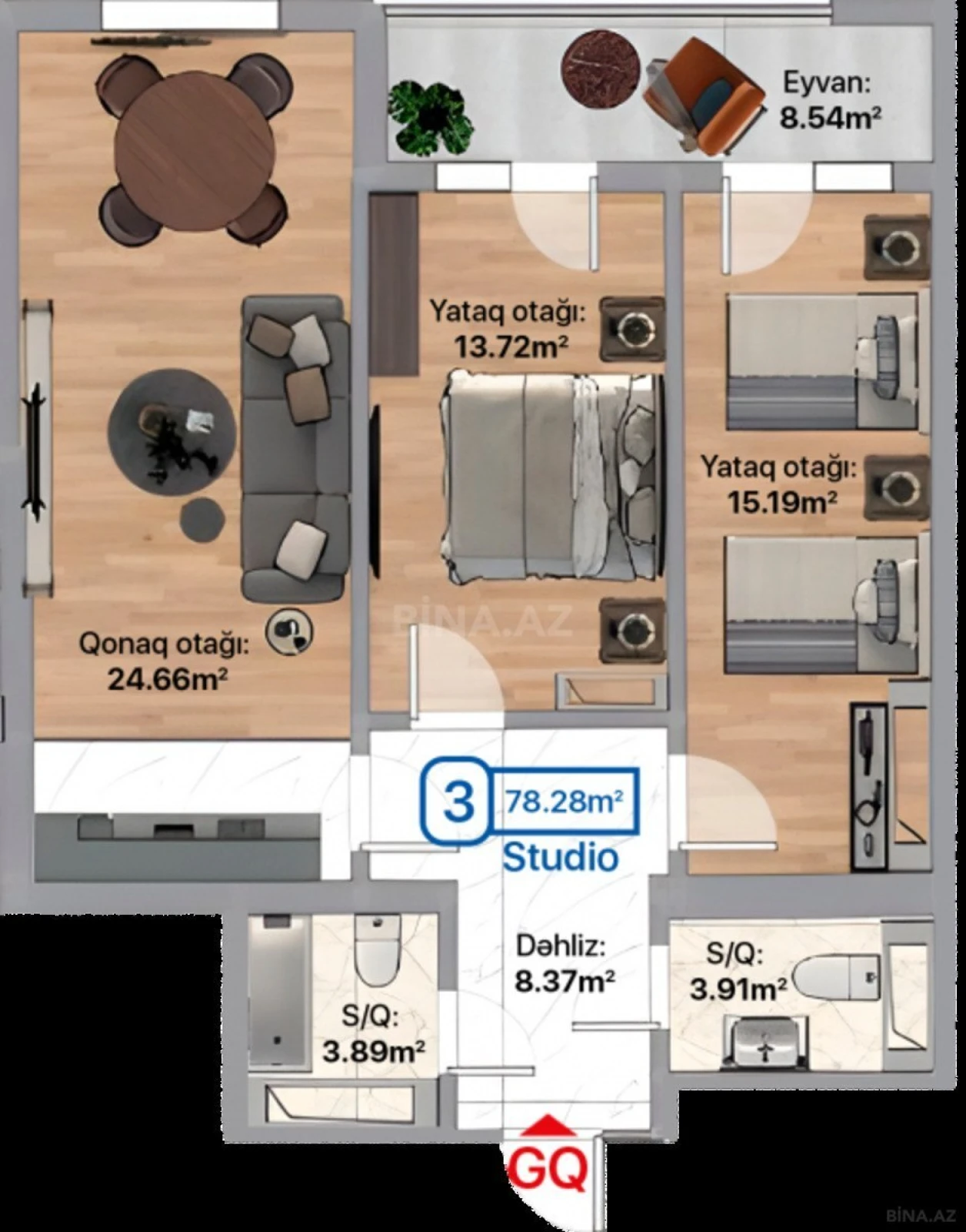 Satılır 3 otaqlı mənzil 78.28 m²