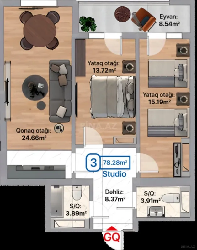 Satılır 3 otaqlı mənzil 78.28 m²