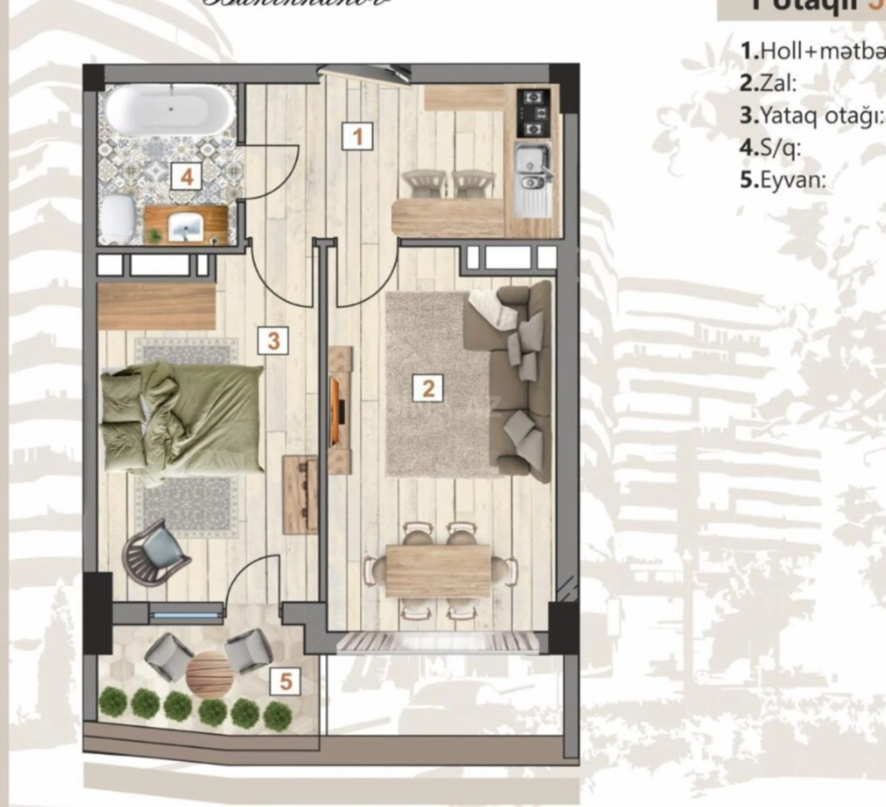 Satılır 1 otaqlı mənzil 51.2 m²