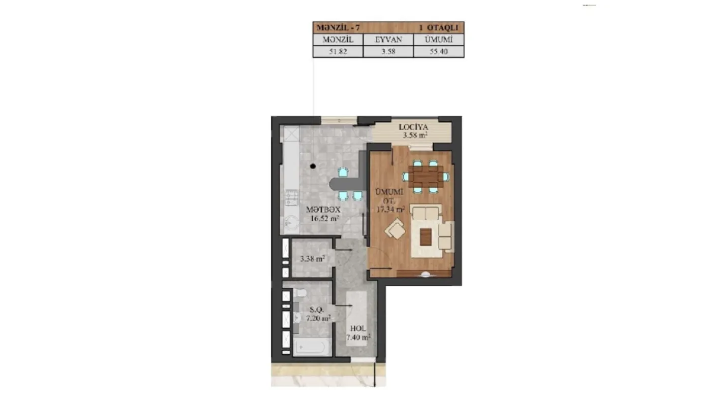 Satılır 2 otaqlı mənzil 55 m²