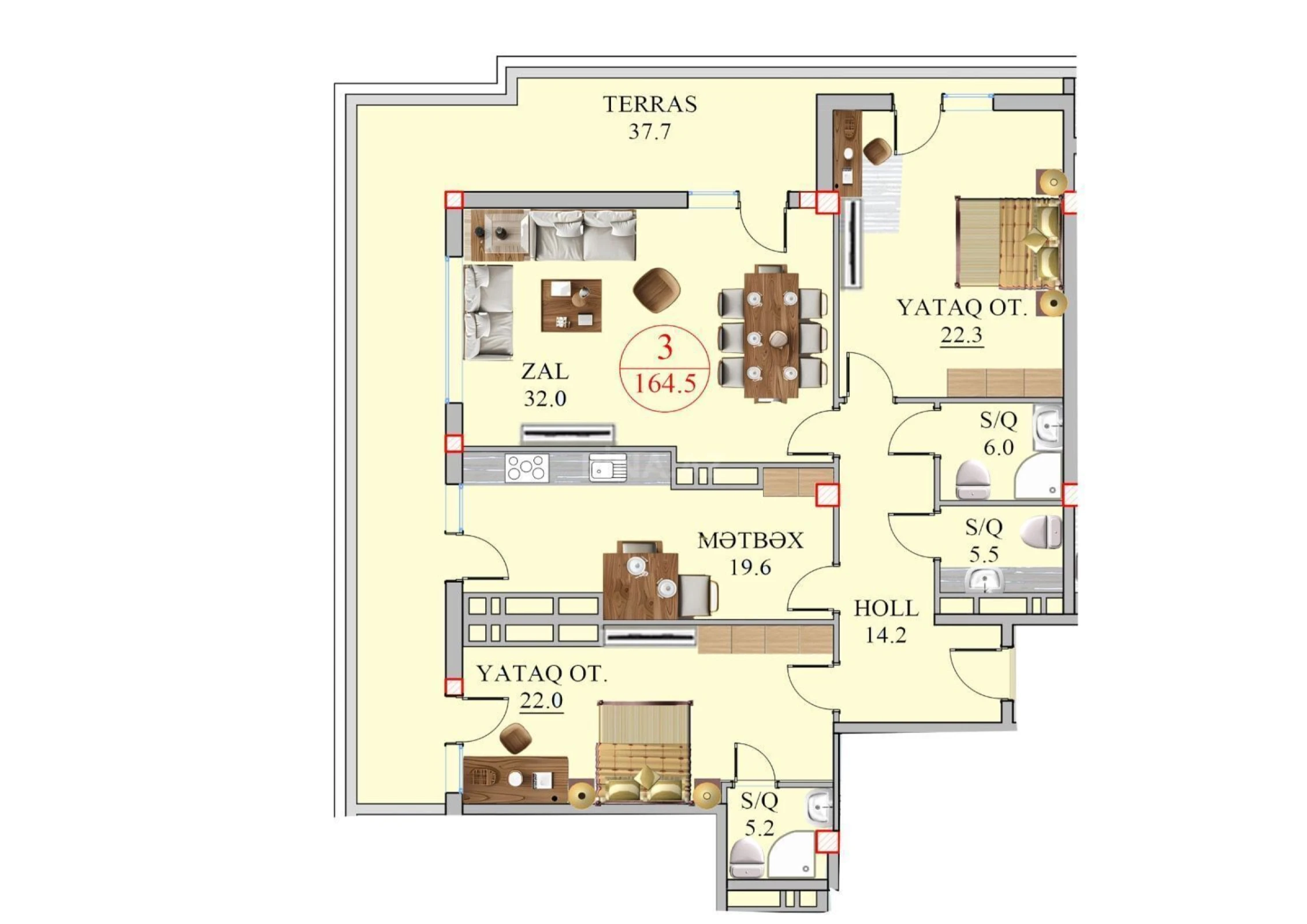 Satılır 3 otaqlı mənzil 165.5 m²