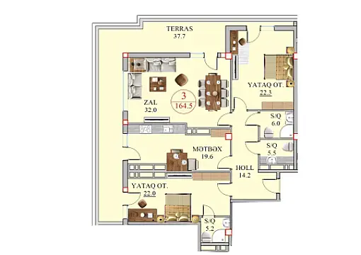 Satılır 3 otaqlı mənzil 165.5 m²