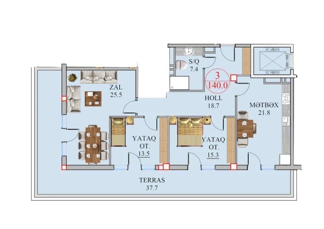 Satılır 3 otaqlı mənzil 140 m²