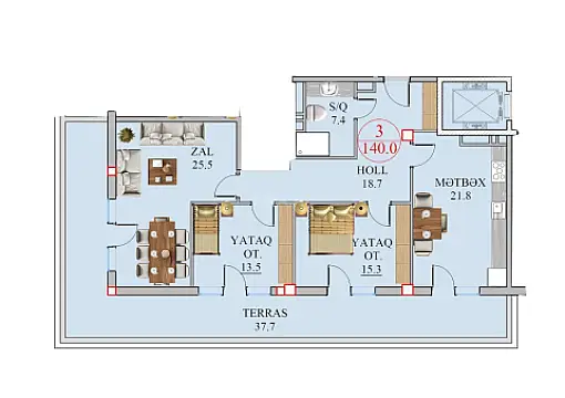 Satılır 3 otaqlı mənzil 140 m²