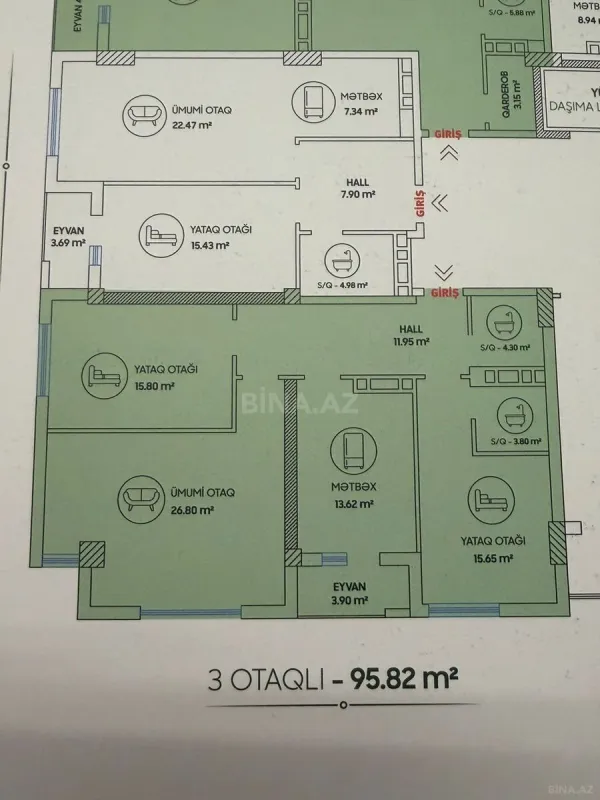 Satılır 3 otaqlı mənzil 96 m²