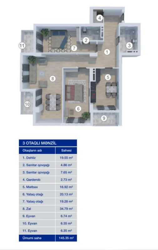 Satılır 3 otaqlı mənzil 145.4 m²