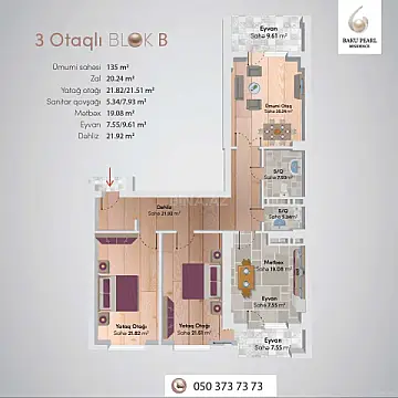 Satılır 3 otaqlı mənzil 135 m²