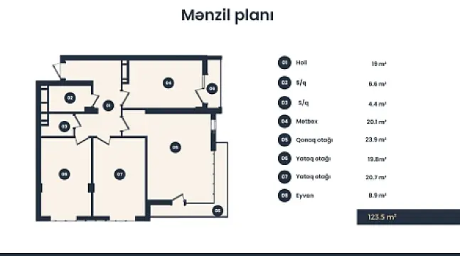 Satılır 3 otaqlı mənzil 124 m²