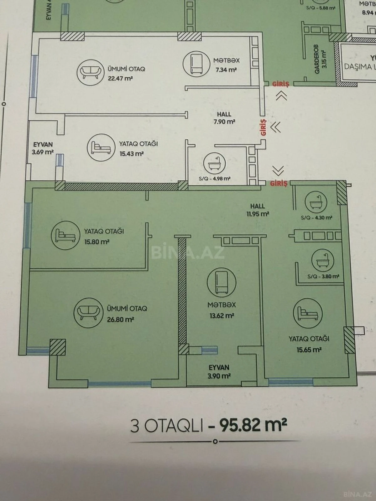 Satılır 3 otaqlı mənzil 96 m²