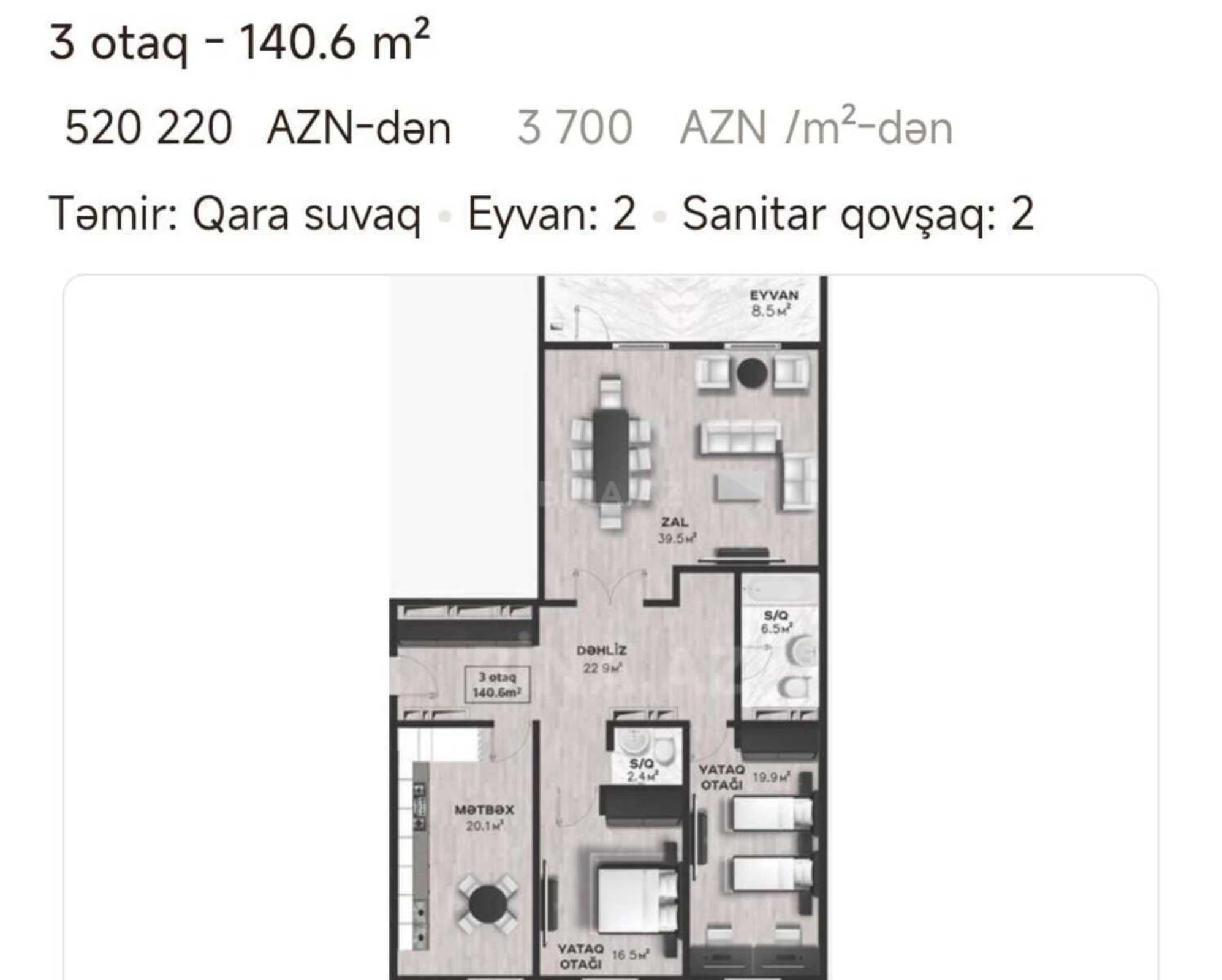 Satılır 4 otaqlı mənzil 141 m²