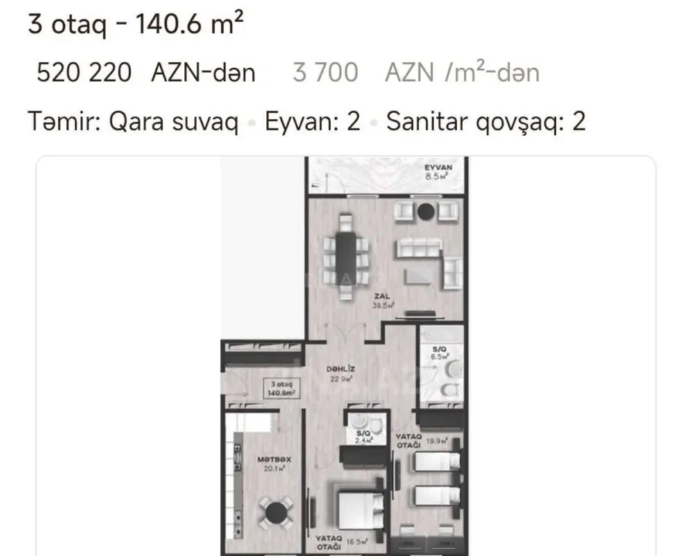 Satılır 4 otaqlı mənzil 141 m²