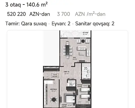 Satılır 4 otaqlı mənzil 141 m²