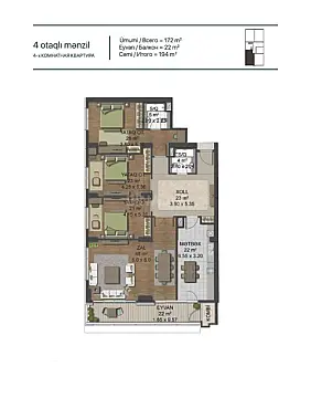 Satılır 4 otaqlı mənzil 194 m²