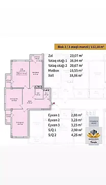 Satılır 3 otaqlı mənzil 112.2 m²