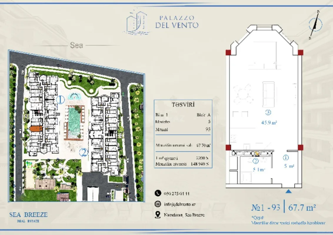 Satılır 2 otaqlı mənzil 67.7 m²