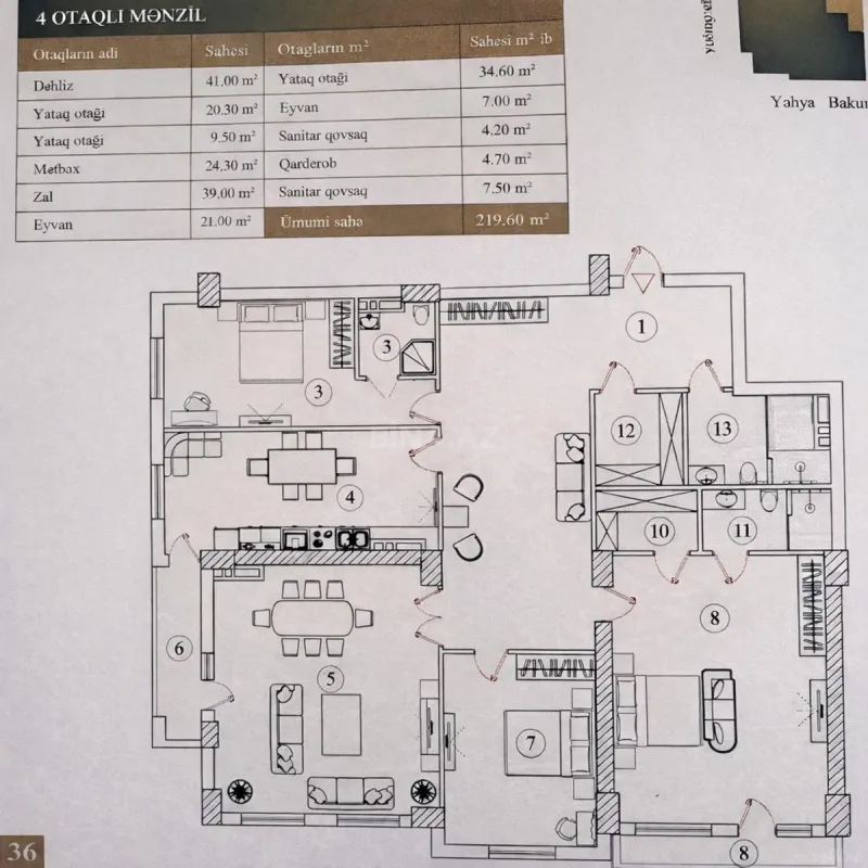 Satılır 4 otaqlı mənzil 220 m²