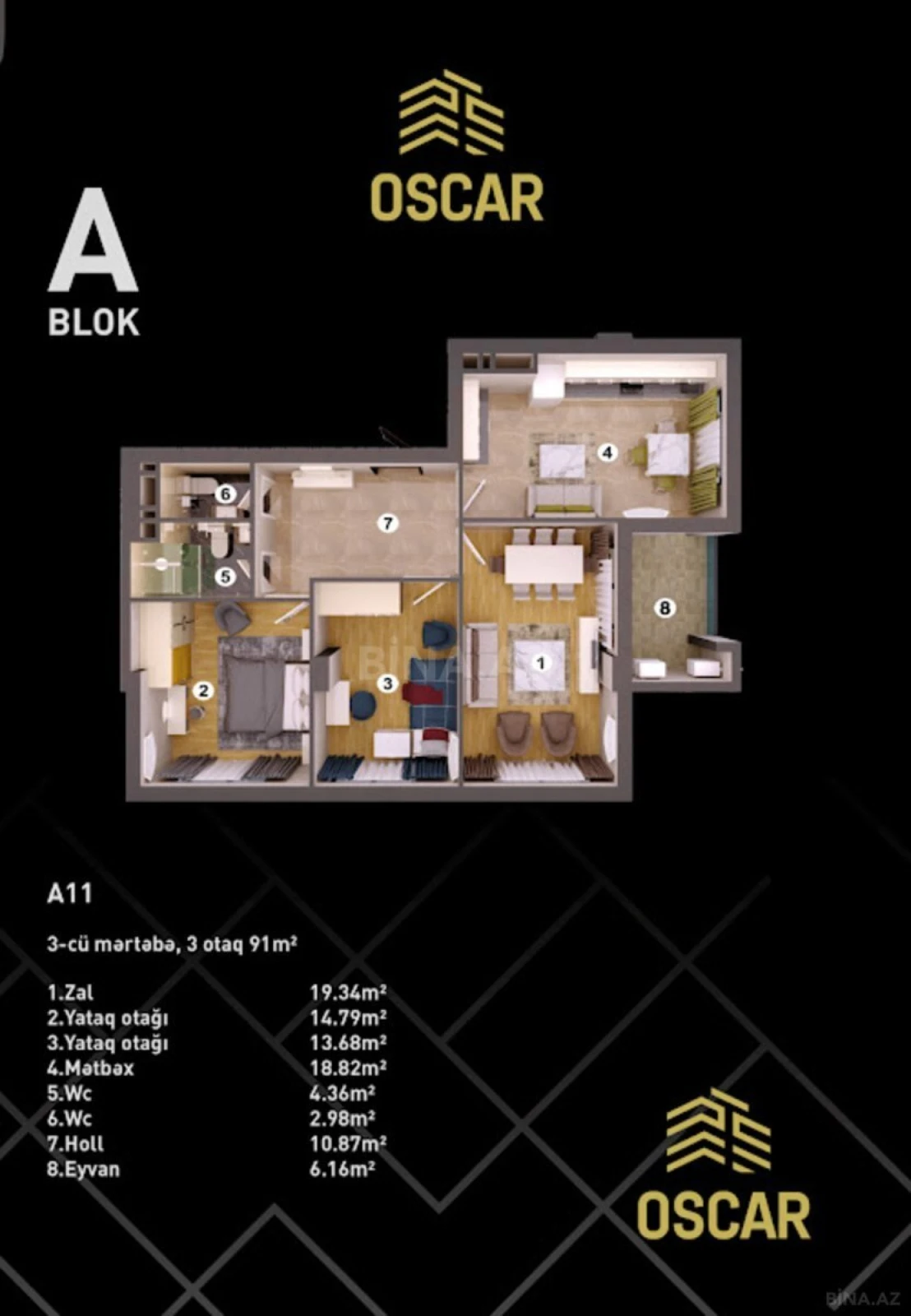 Kirayə verilir 3 otaqlı mənzil 91 m²