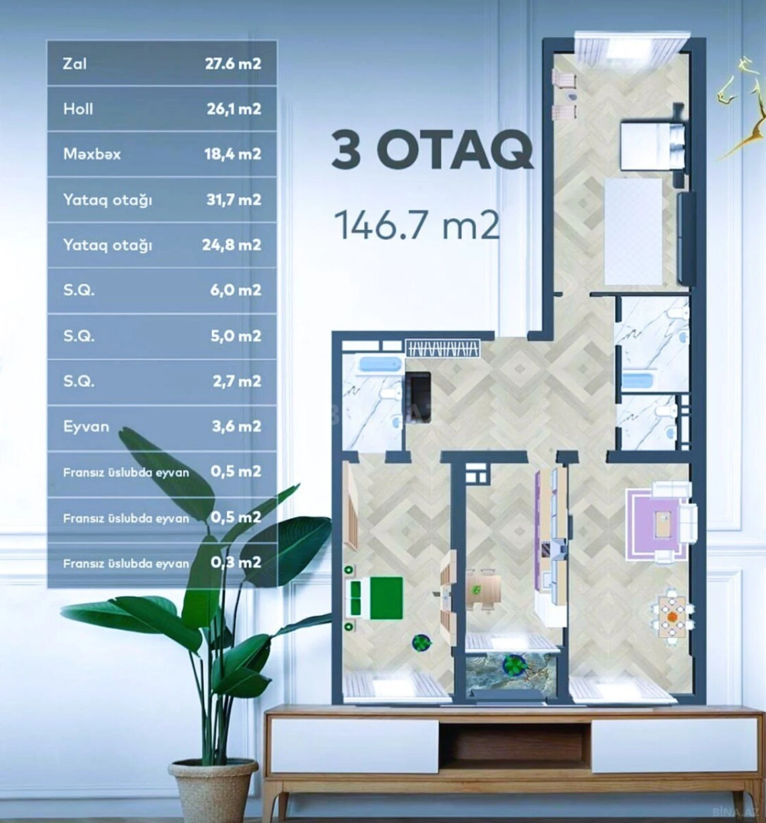 Satılır 3 otaqlı mənzil 146 m²