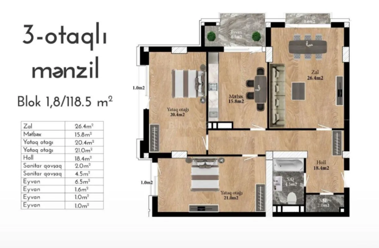 Satılır 3 otaqlı mənzil 119 m²