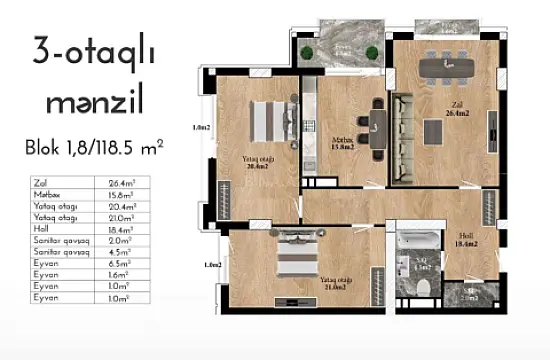 Satılır 3 otaqlı mənzil 119 m²