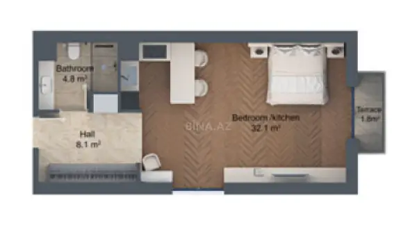 Satılır 1 otaqlı mənzil 55.3 m²