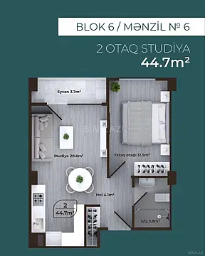 Satılır 2 otaqlı mənzil 44.7 m²