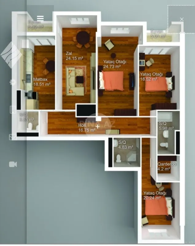 Satılır 4 otaqlı mənzil 155 m²