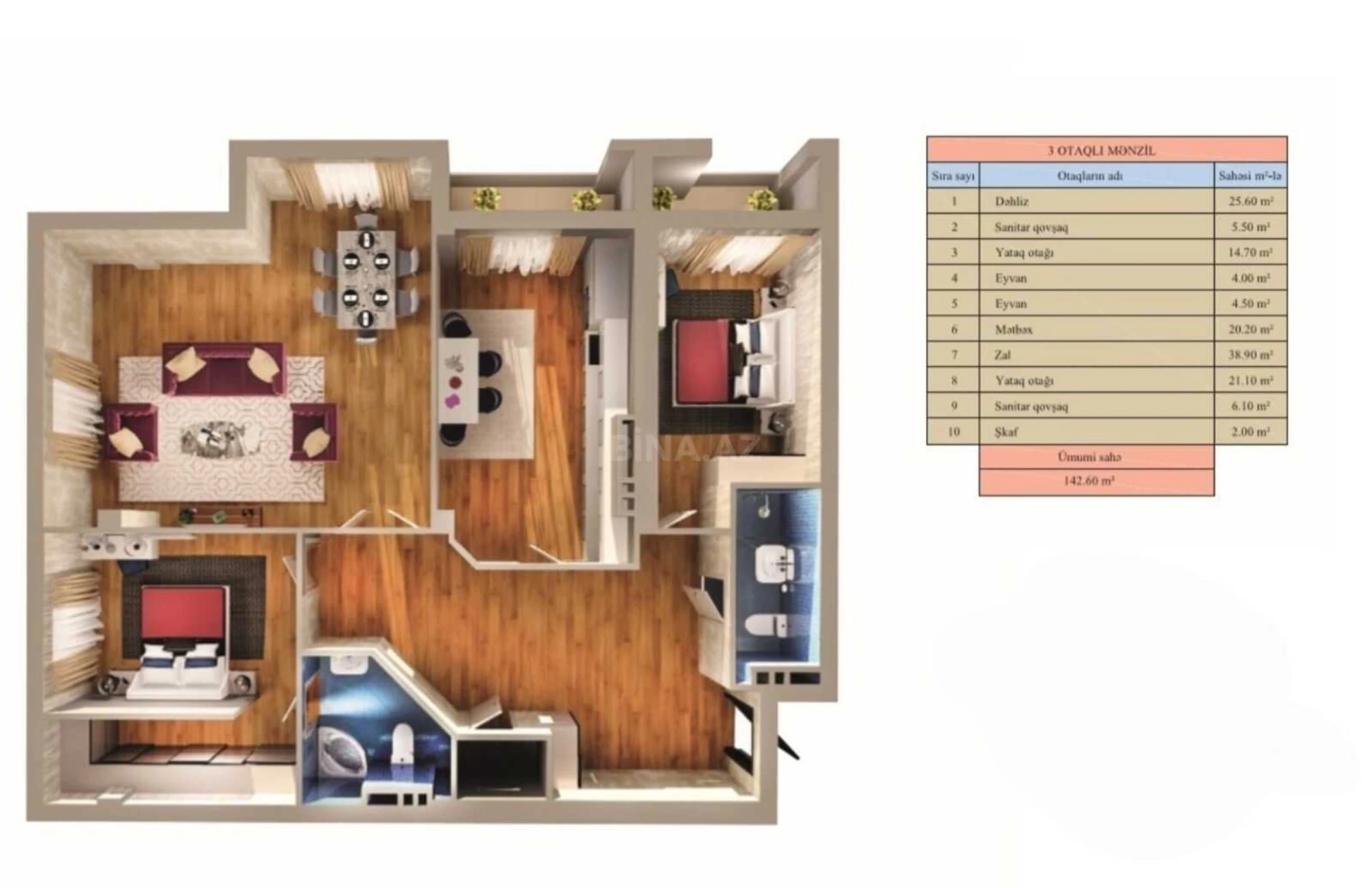 Satılır 3 otaqlı mənzil 143 m²