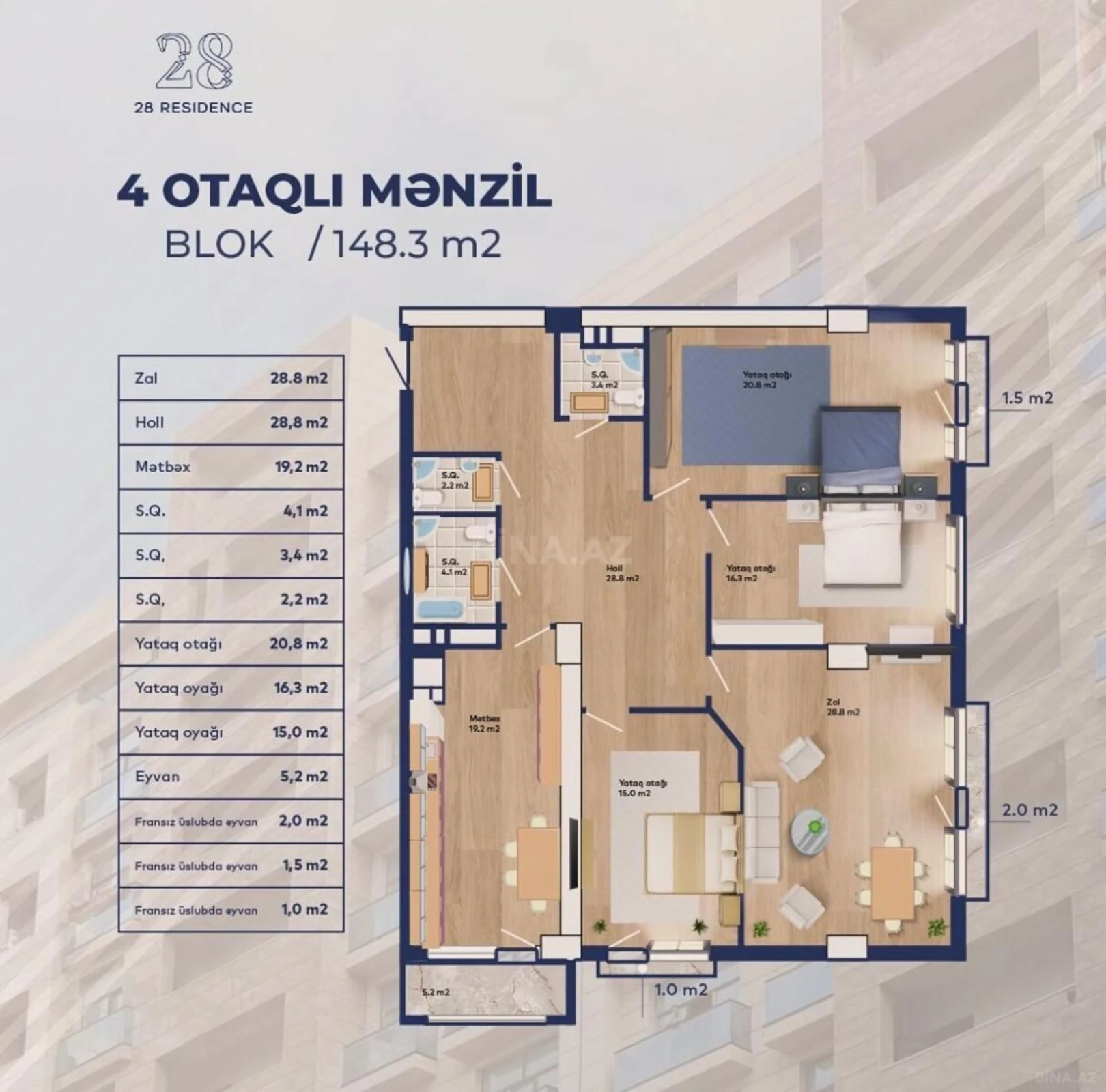 Satılır 4 otaqlı mənzil 148.3 m²