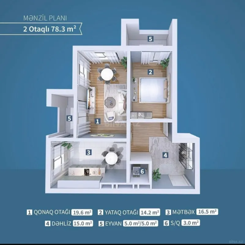Satılır 2 otaqlı mənzil 78.3 m²