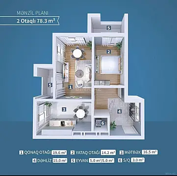 Satılır 2 otaqlı mənzil 78.3 m²
