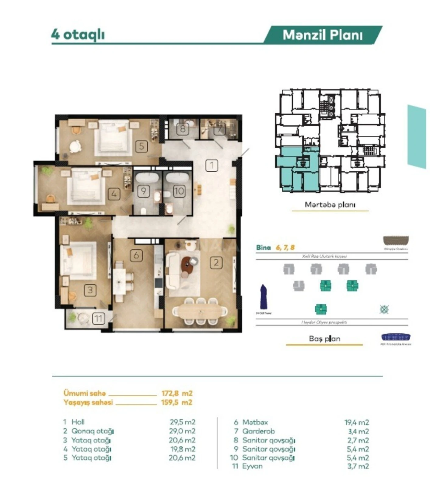 Satılır 4 otaqlı mənzil 172.8 m²