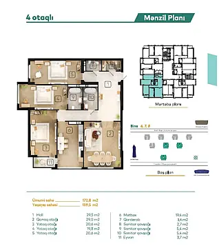 Satılır 4 otaqlı mənzil 172.8 m²