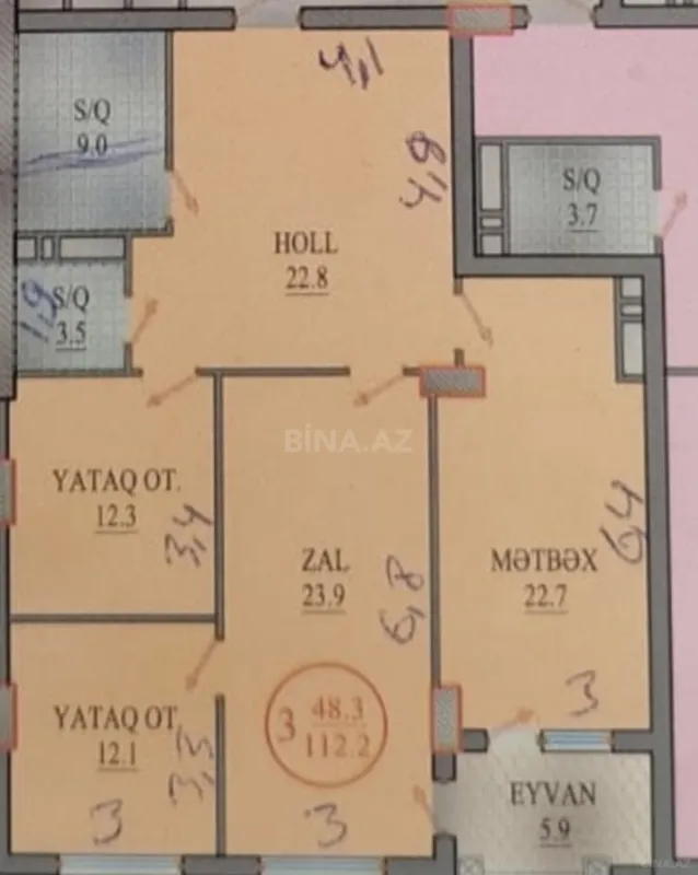 Satılır 3 otaqlı mənzil 112 m²